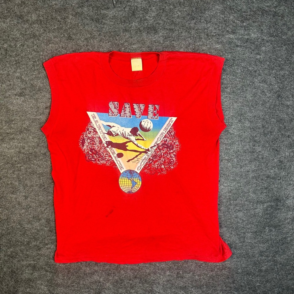 Vintage 80s Save Earth Beach Ocean Forest Muscle Shirt Red Graphic Tee Large
